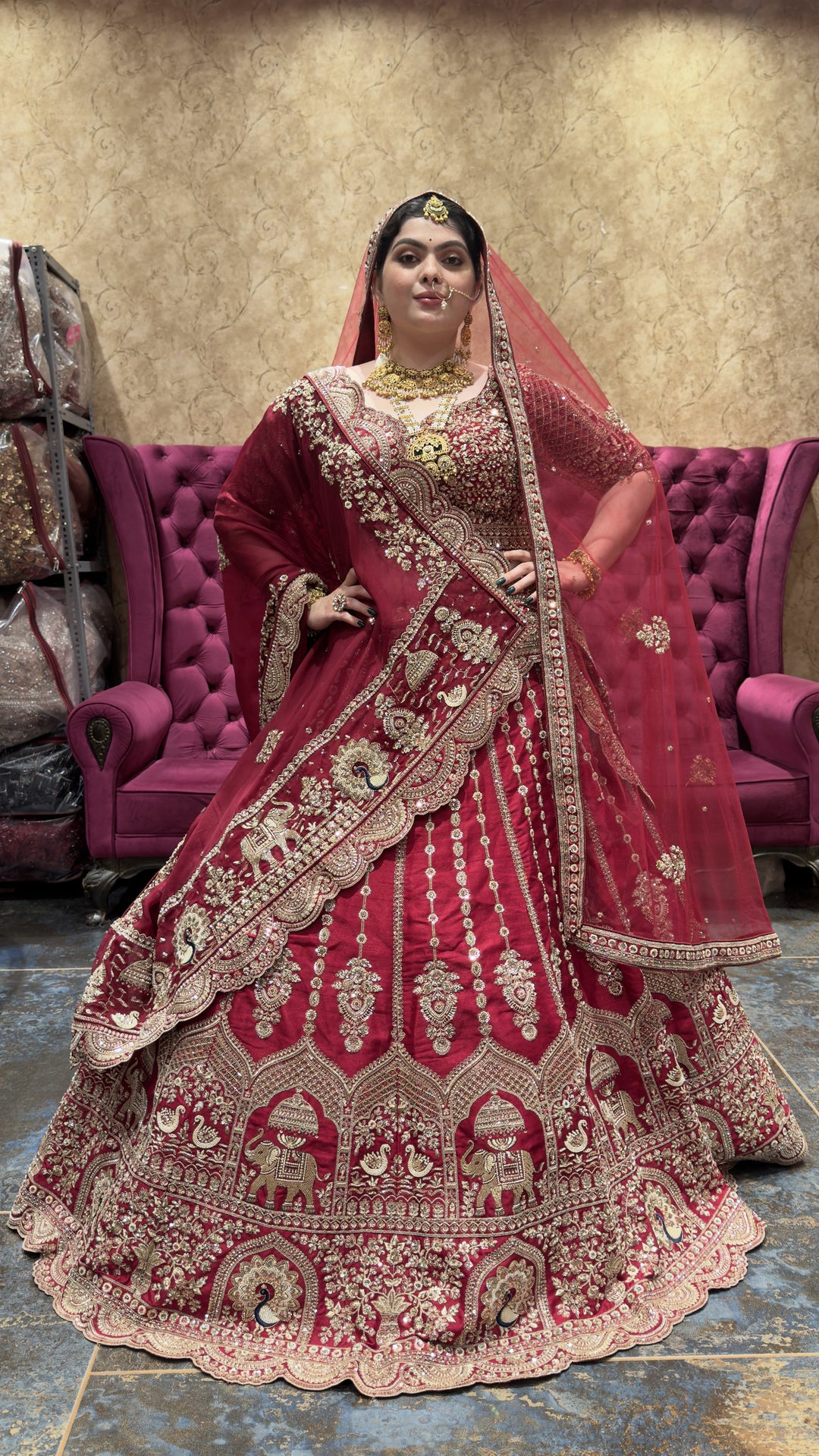 Royal Maroon Bridal Lehenga Choli Set with Heavy Embroidered Dupatta