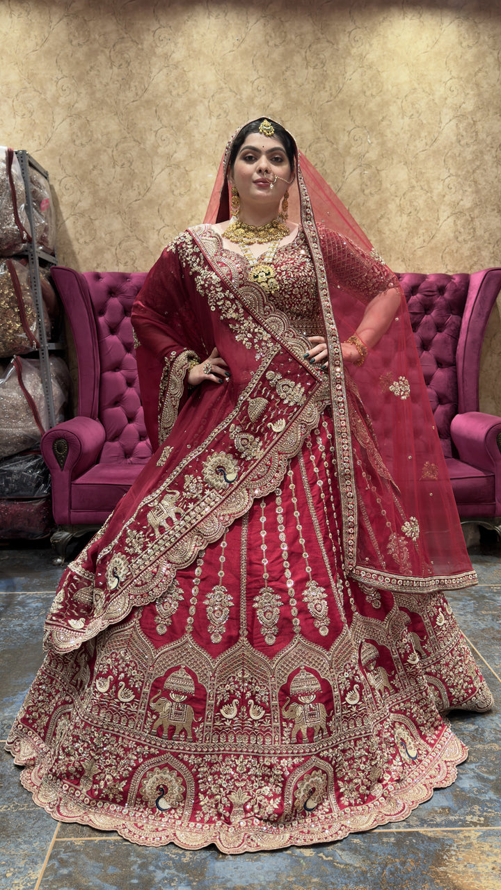 Royal Maroon Bridal Lehenga Choli Set with Heavy Embroidered Dupatta