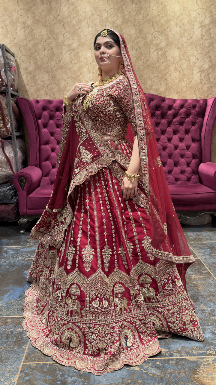 Royal Maroon Bridal Lehenga Choli Set with Heavy Embroidered Dupatta
