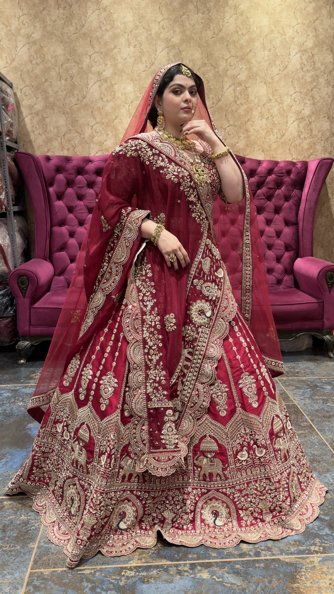Royal Maroon Bridal Lehenga Choli Set with Heavy Embroidered Dupatta