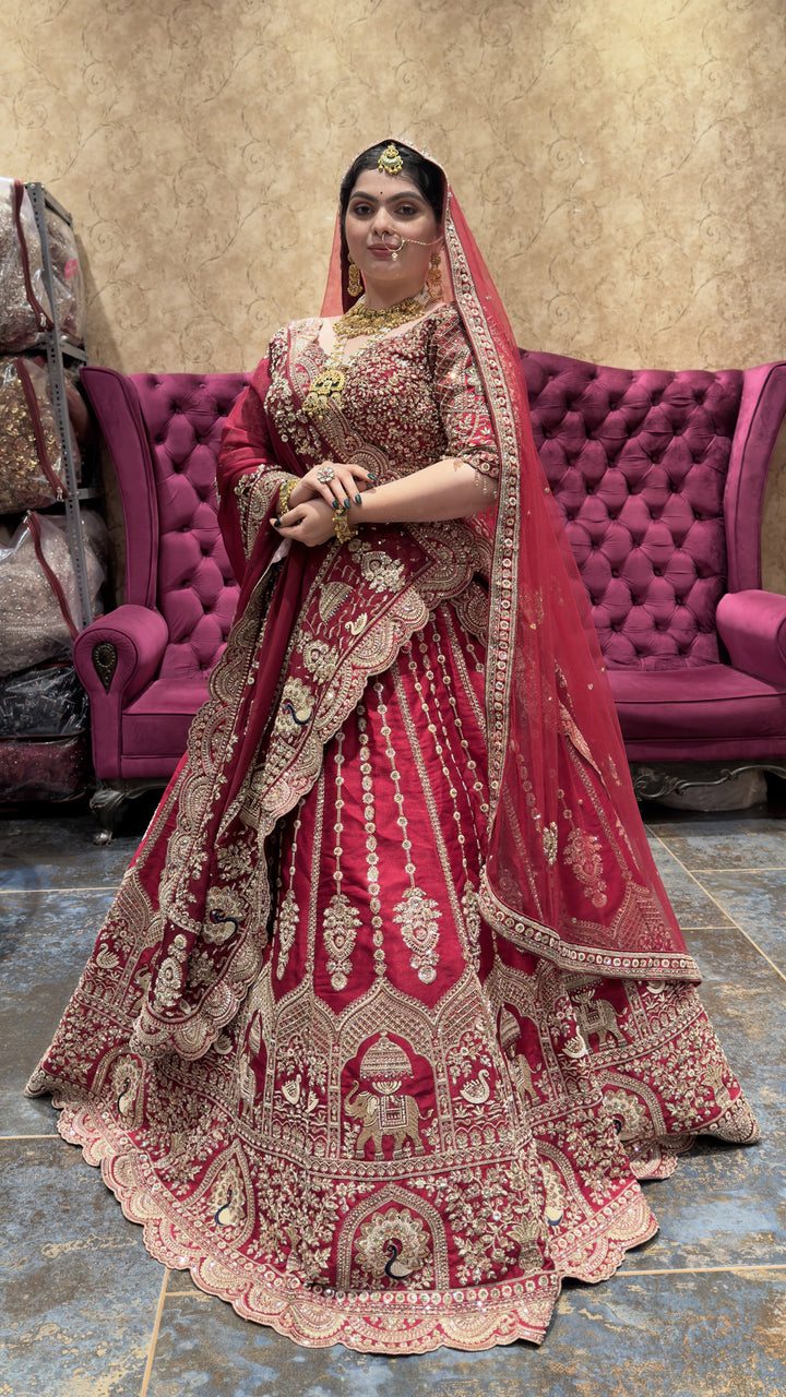 Royal Maroon Bridal Lehenga Choli Set with Heavy Embroidered Dupatta