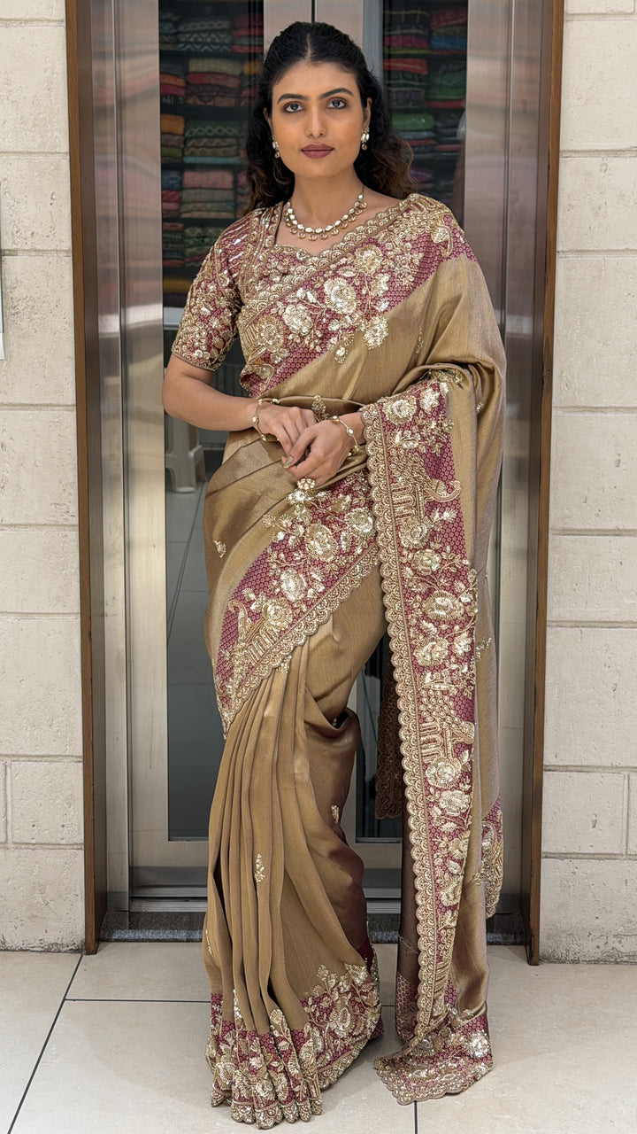 Antique Gold Embroidered Designer Saree with Matching Blouse