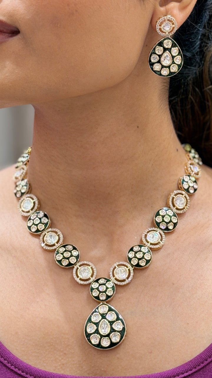 Emerald Green Kundan Necklace Set with Matching Earrings