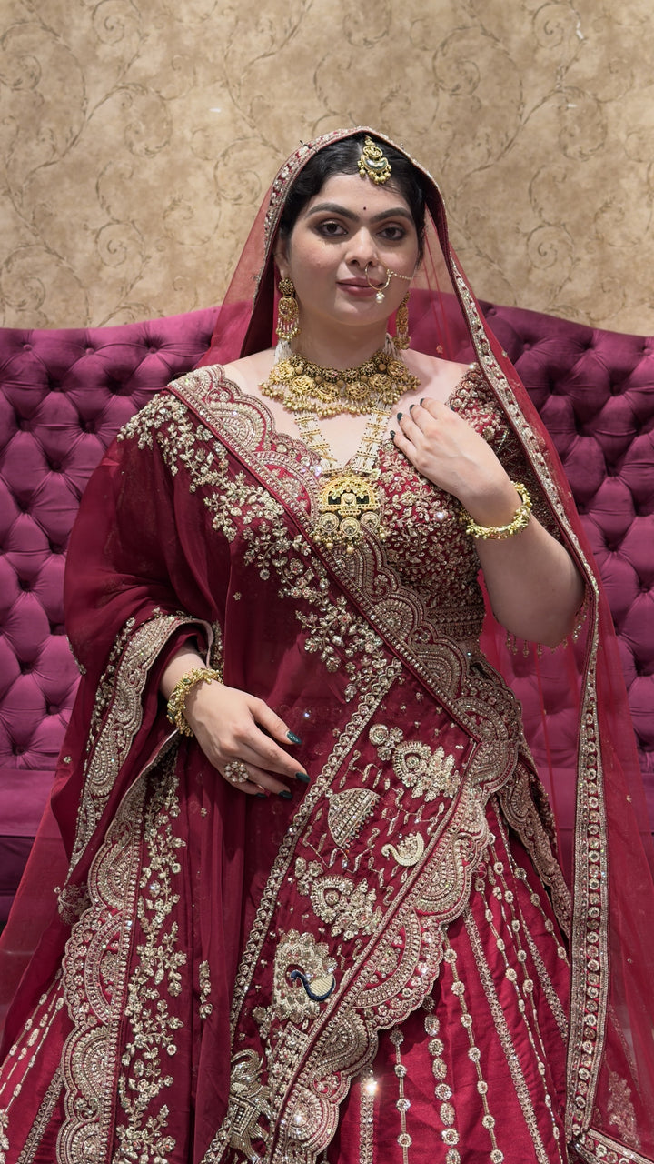 Royal Maroon Bridal Lehenga Choli Set with Heavy Embroidered Dupatta