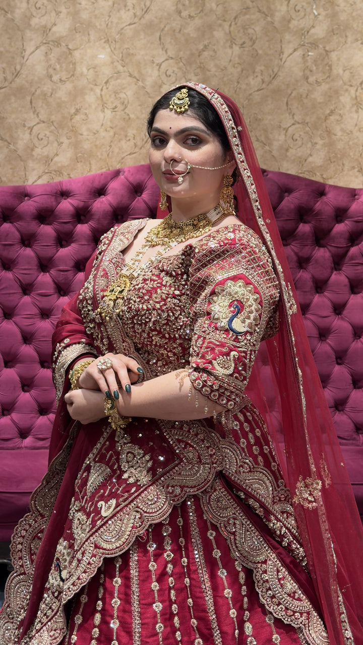 Royal Maroon Bridal Lehenga Choli Set with Heavy Embroidered Dupatta