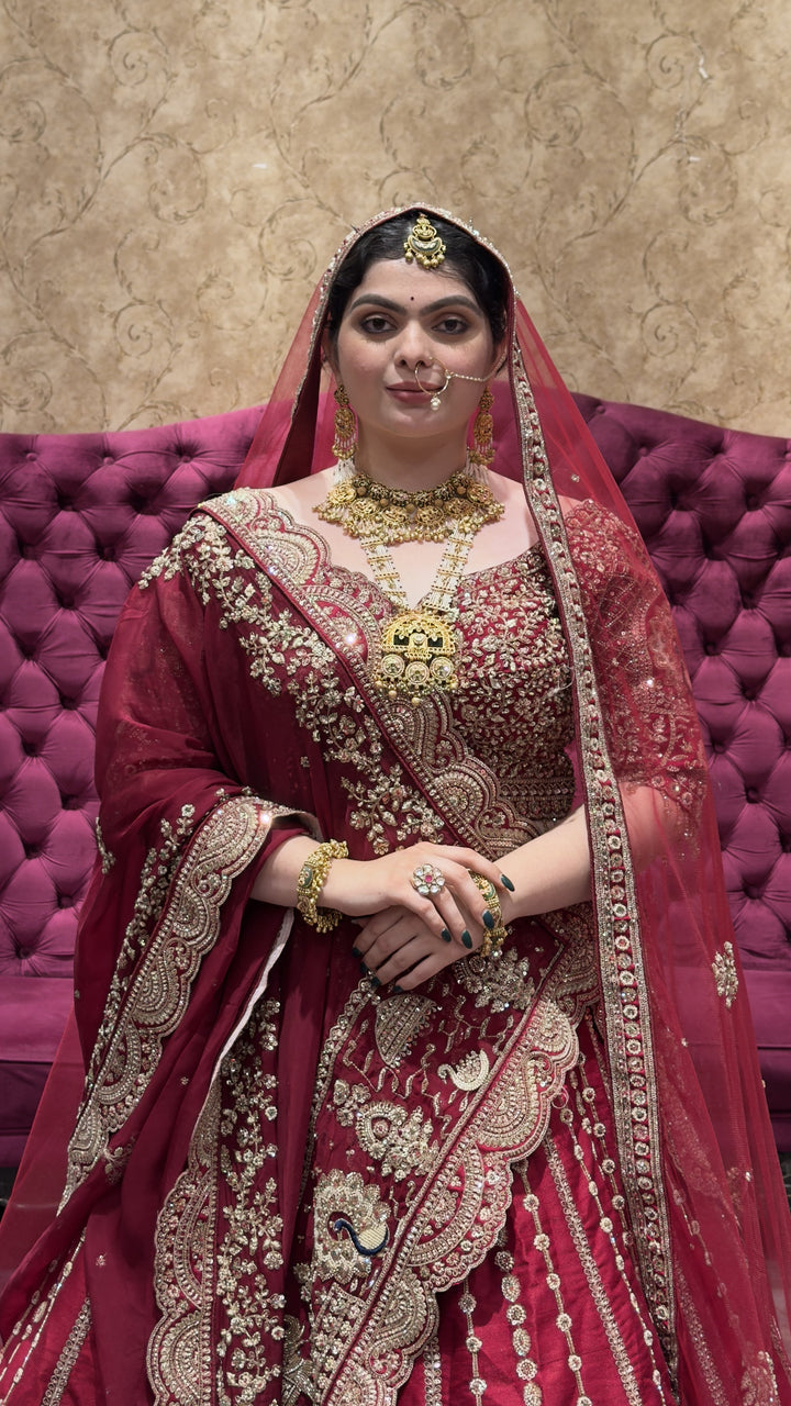 Royal Maroon Bridal Lehenga Choli Set with Heavy Embroidered Dupatta