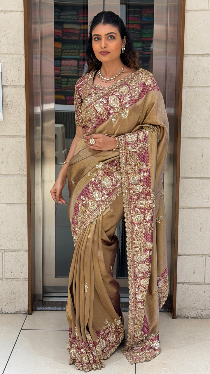 Antique Gold Embroidered Designer Saree with Matching Blouse