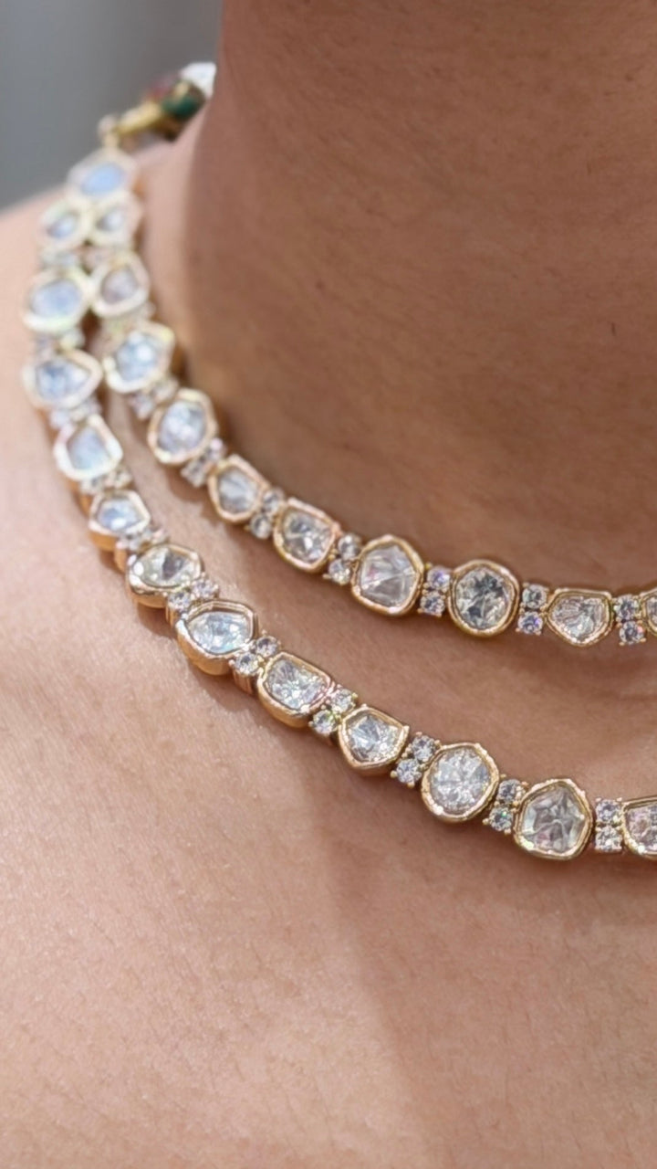 Double Layer Polki Crystal Necklace Set with Matching Stud Earrings