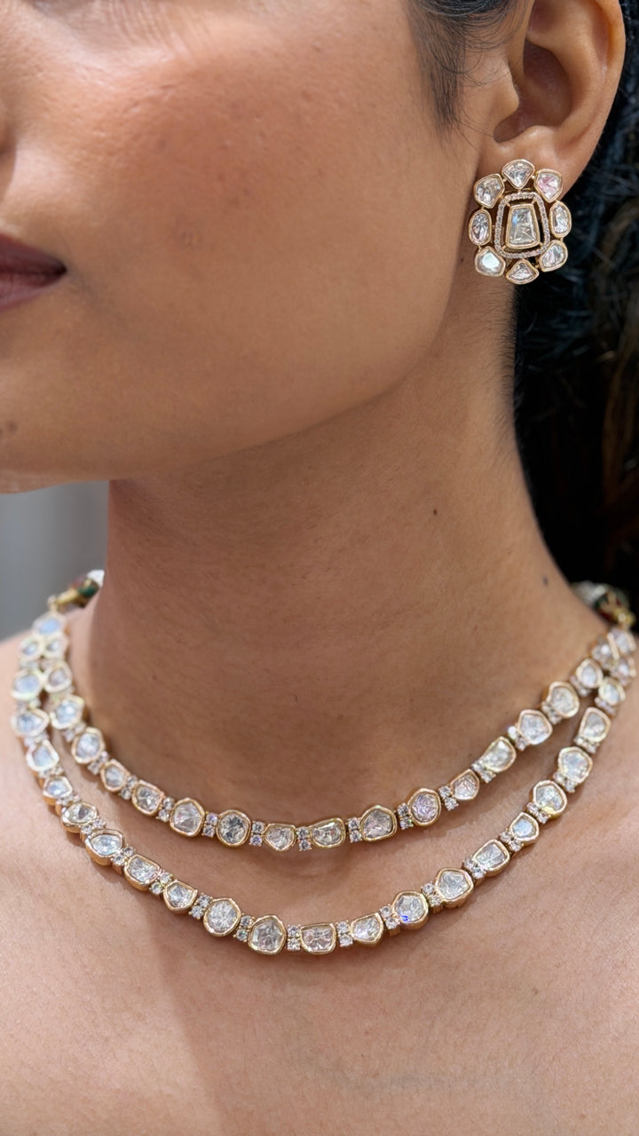 Double Layer Polki Crystal Necklace Set with Matching Stud Earrings