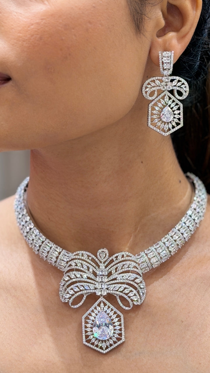 Luxury Cubic Zirconia Statement Choker Necklace Set with Designer Drop Earrings
