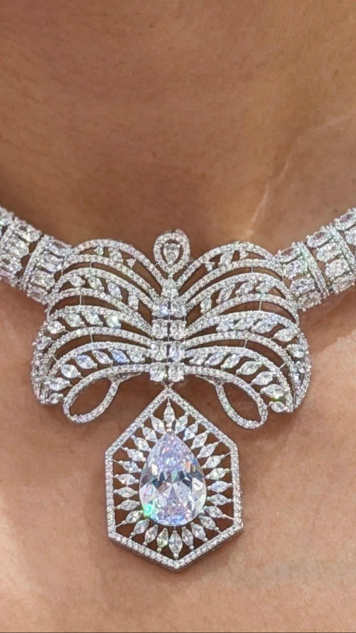 Luxury Cubic Zirconia Statement Choker Necklace Set with Designer Drop Earrings