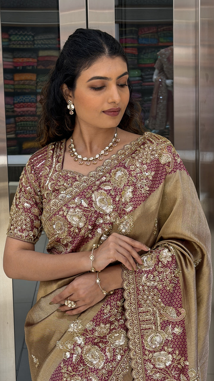 Antique Gold Embroidered Designer Saree with Matching Blouse