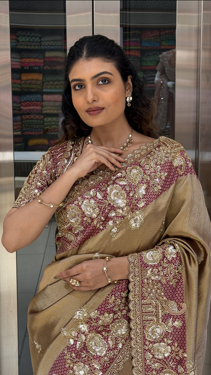 Antique Gold Embroidered Designer Saree with Matching Blouse
