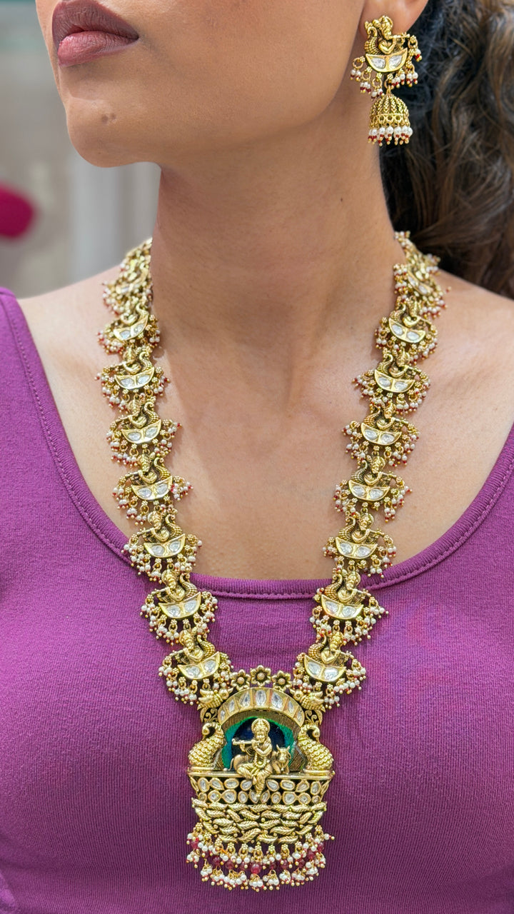 Antique Gold Temple Long Haram Necklace Set with Lakshmi Pendant