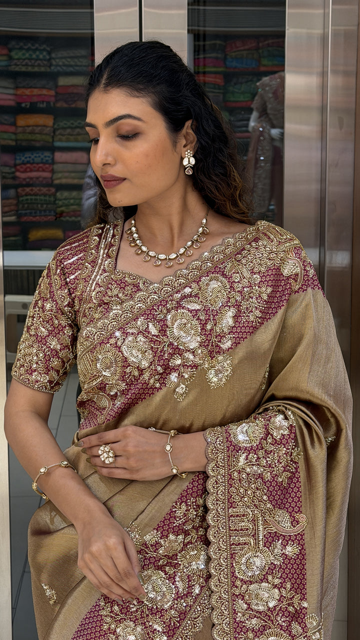 Antique Gold Embroidered Designer Saree with Matching Blouse