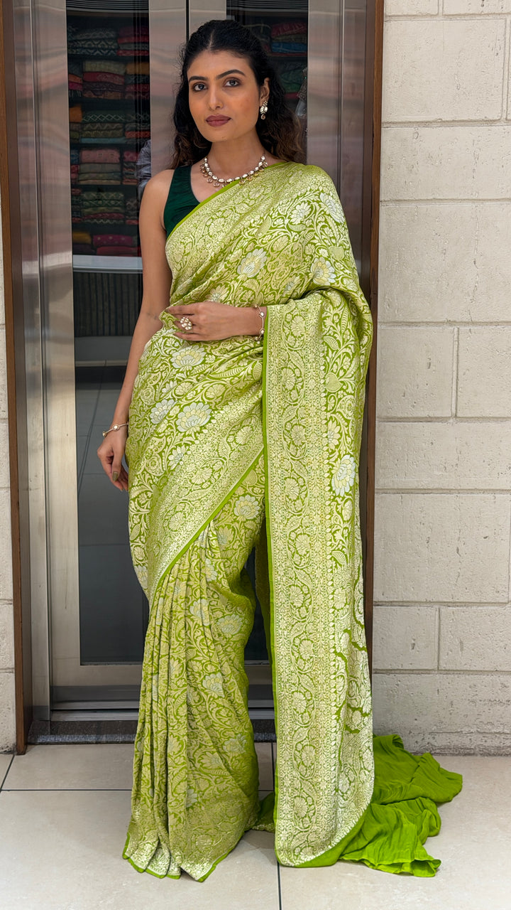 Lime Green Handloom Khadi Georgette Saree with Floral Jaal Weaving