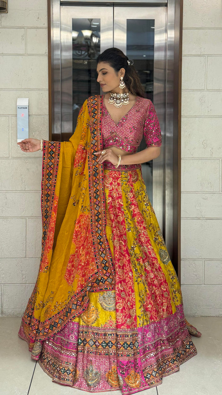 Rani Pink & Mustard Patola Print Mirror Work Lehenga with Hand-Embroidered Blouse
