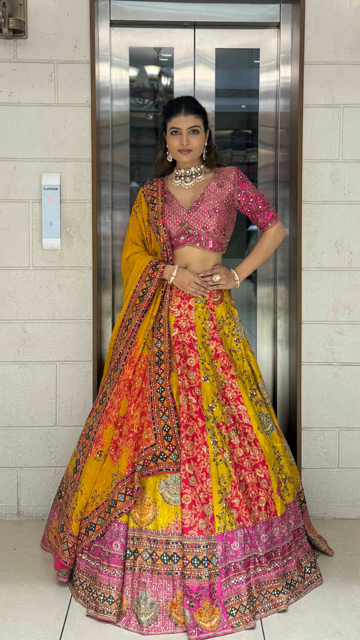 Rani Pink & Mustard Patola Print Mirror Work Lehenga with Hand-Embroidered Blouse