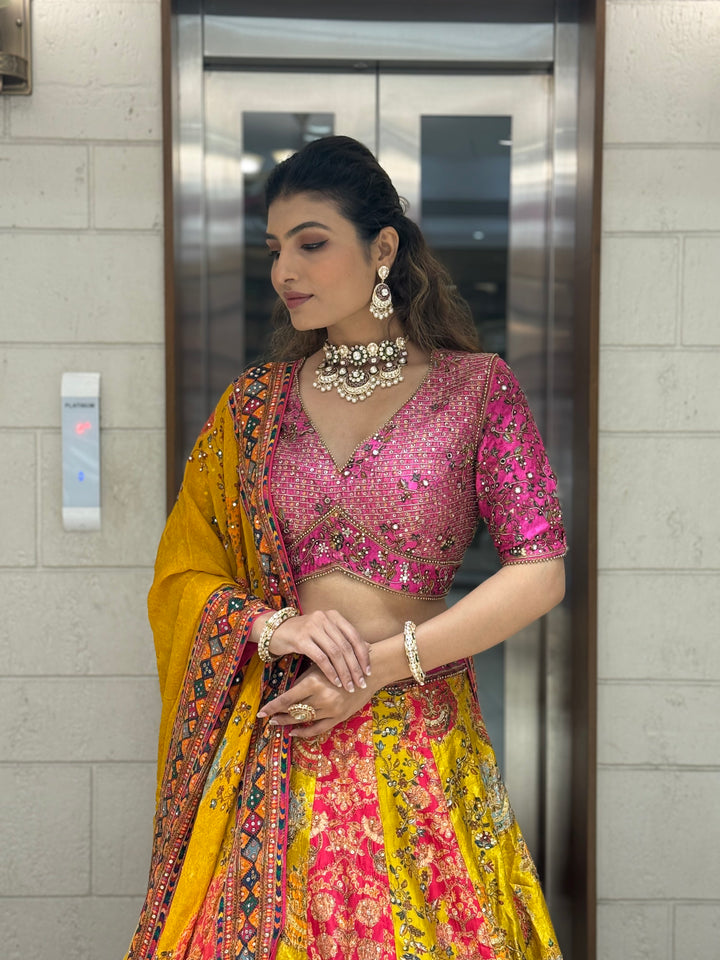 Rani Pink & Mustard Patola Print Mirror Work Lehenga with Hand-Embroidered Blouse