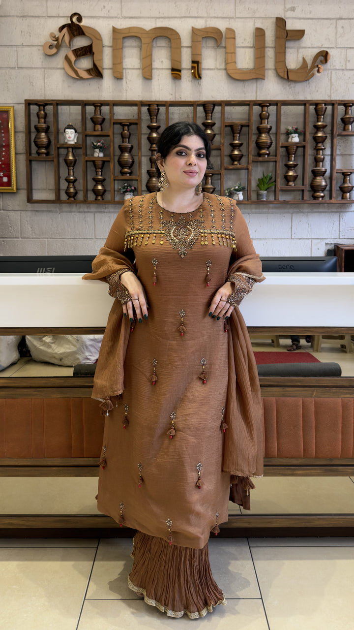 Coffee Brown Embroidered Kurta Sharara Set with Dupatta