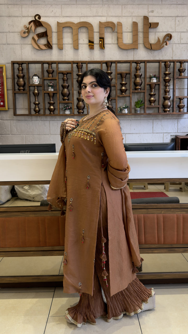 Coffee Brown Embroidered Kurta Sharara Set with Dupatta