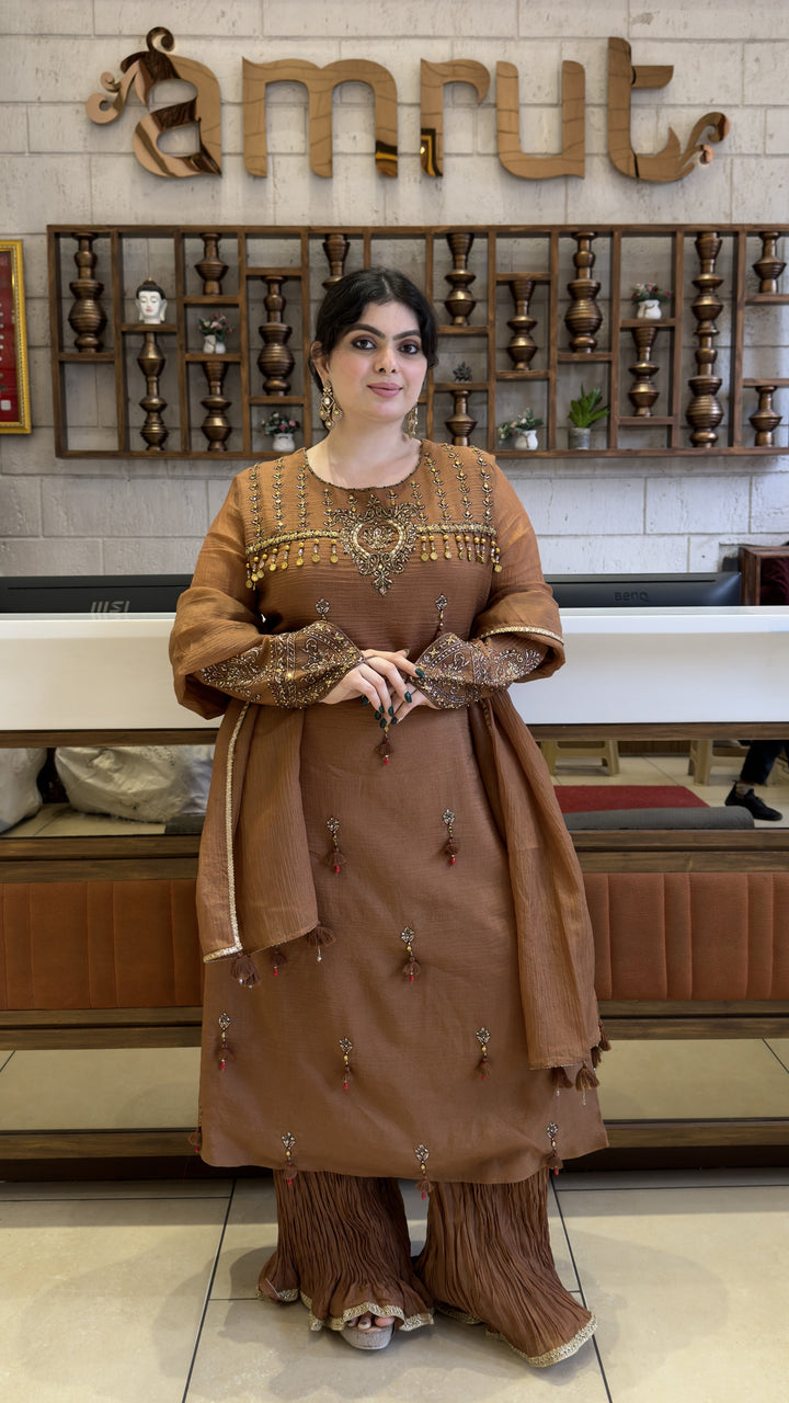 Coffee Brown Embroidered Kurta Sharara Set with Dupatta