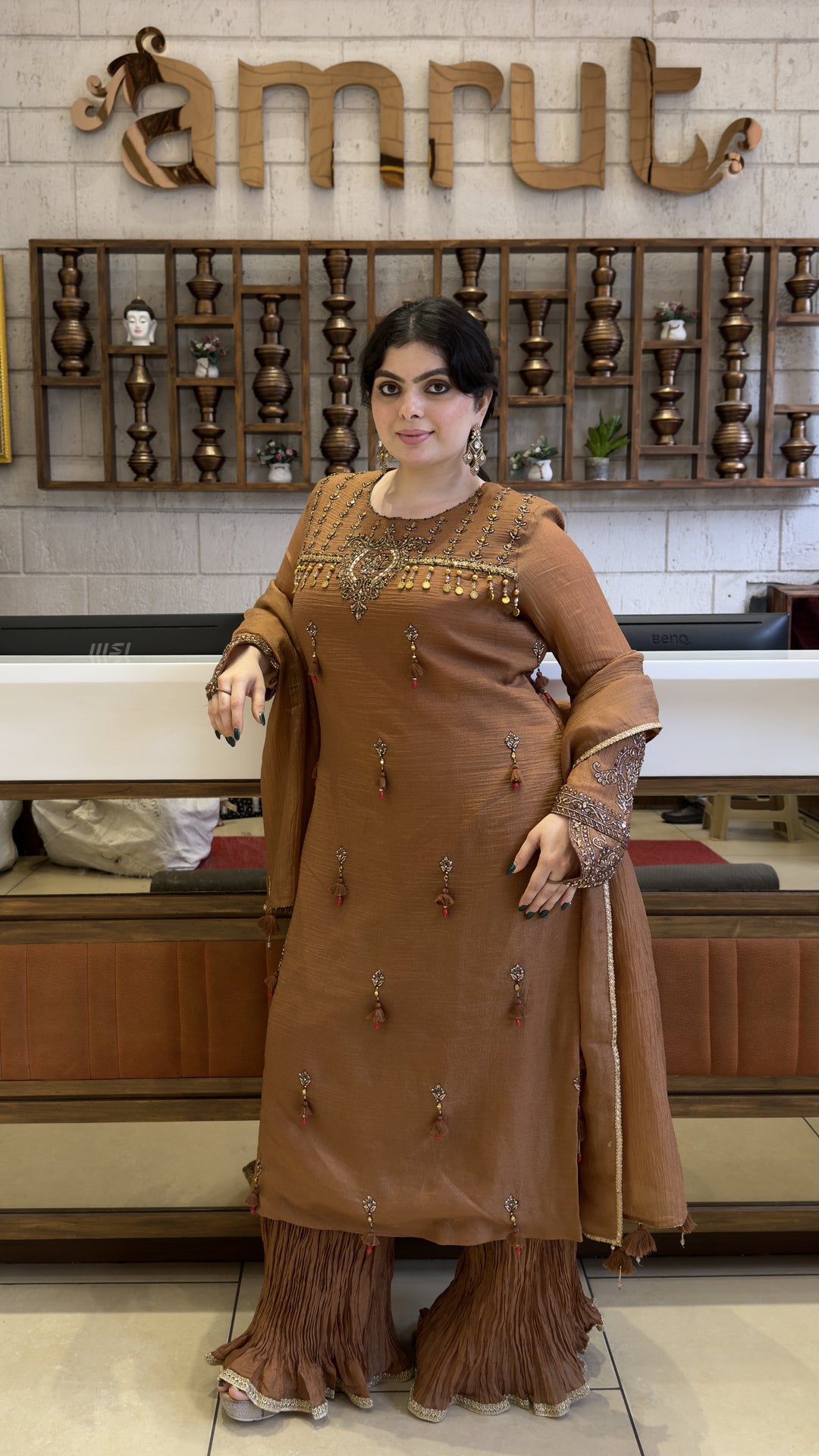Coffee Brown Embroidered Kurta Sharara Set with Dupatta