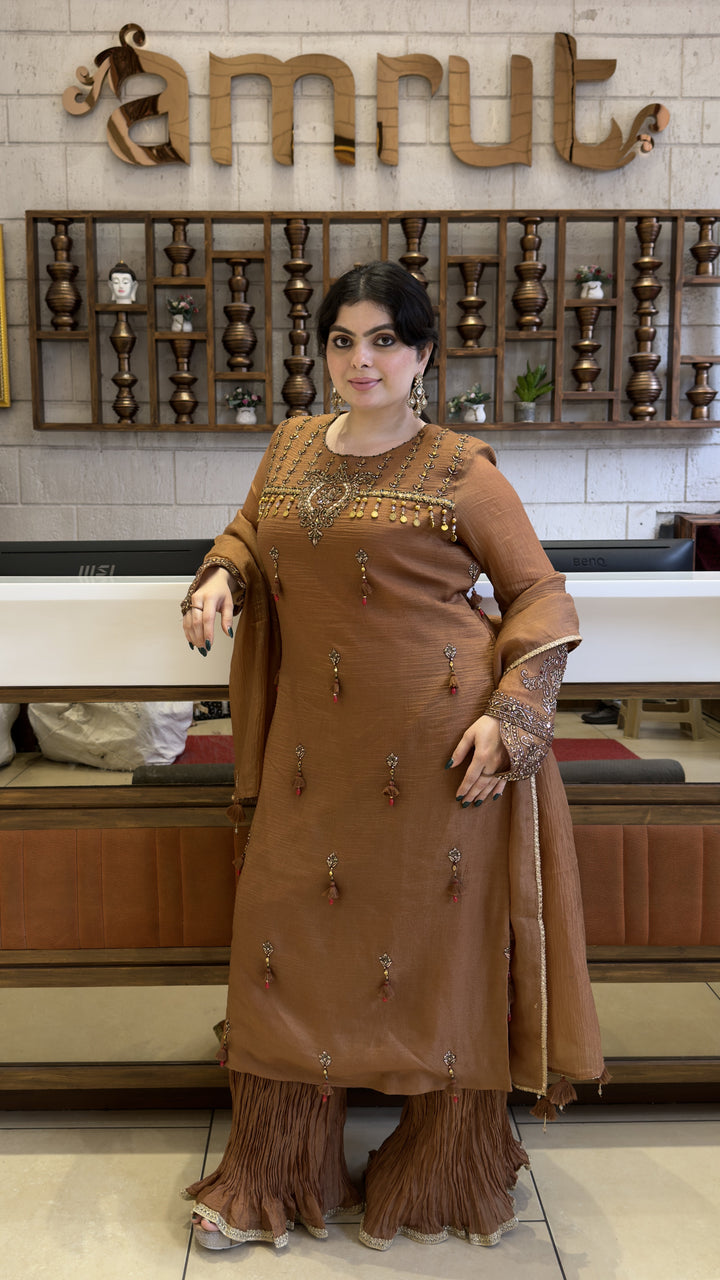 Coffee Brown Embroidered Kurta Sharara Set with Dupatta