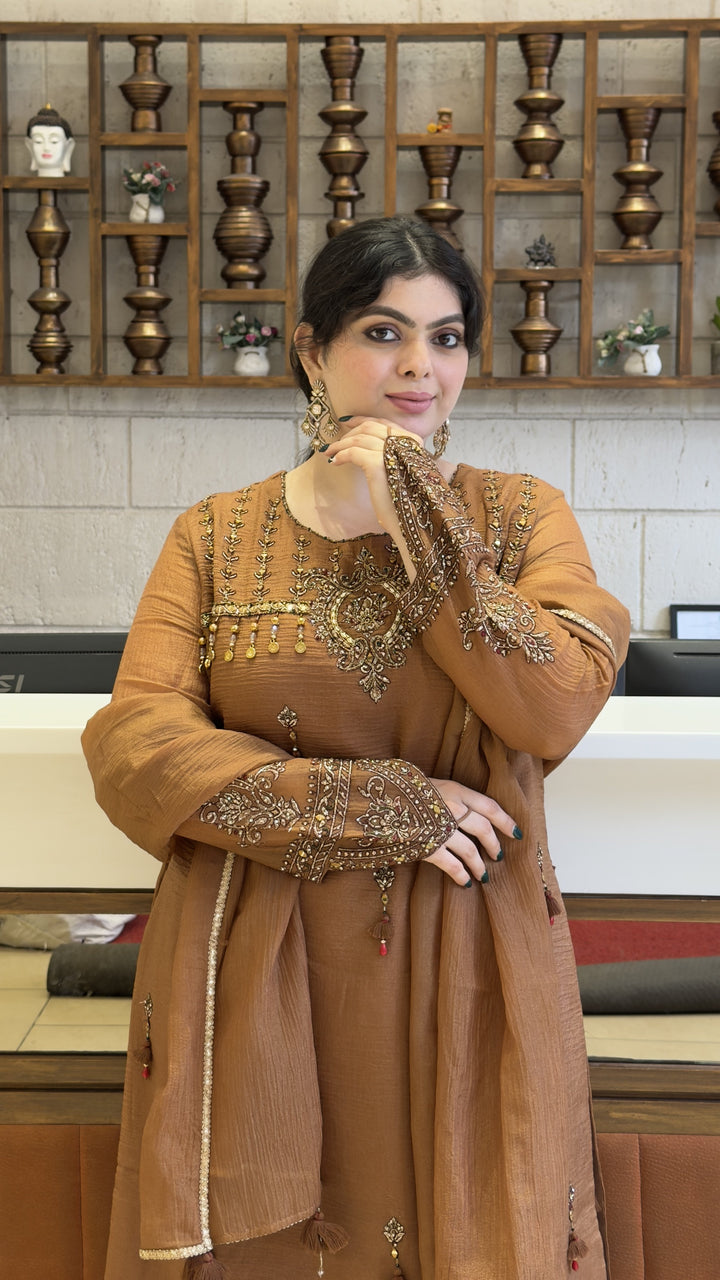 Coffee Brown Embroidered Kurta Sharara Set with Dupatta