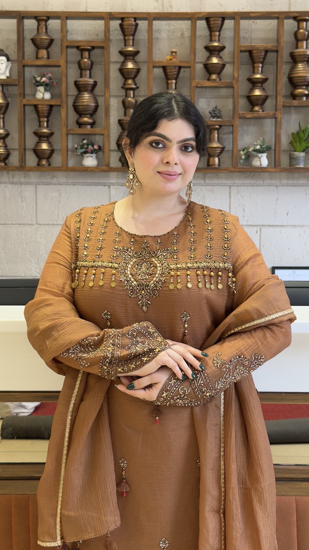 Coffee Brown Embroidered Kurta Sharara Set with Dupatta