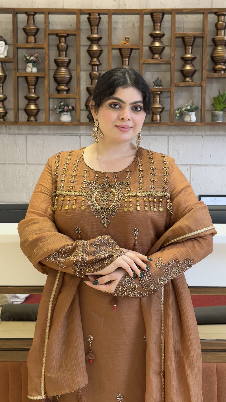 Coffee Brown Embroidered Kurta Sharara Set with Dupatta