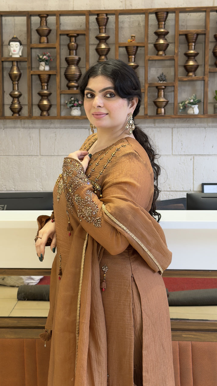 Coffee Brown Embroidered Kurta Sharara Set with Dupatta