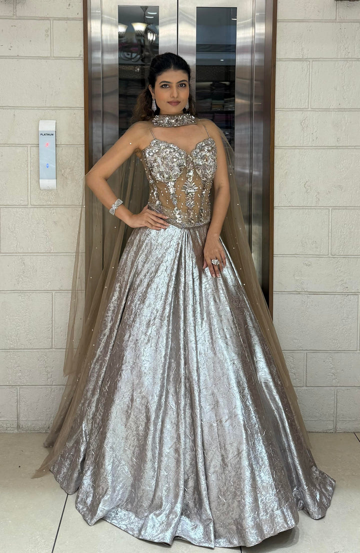 Metallic Silver Lehenga Choli with 3D Crystal Corset & Sheer Cape Dupatta