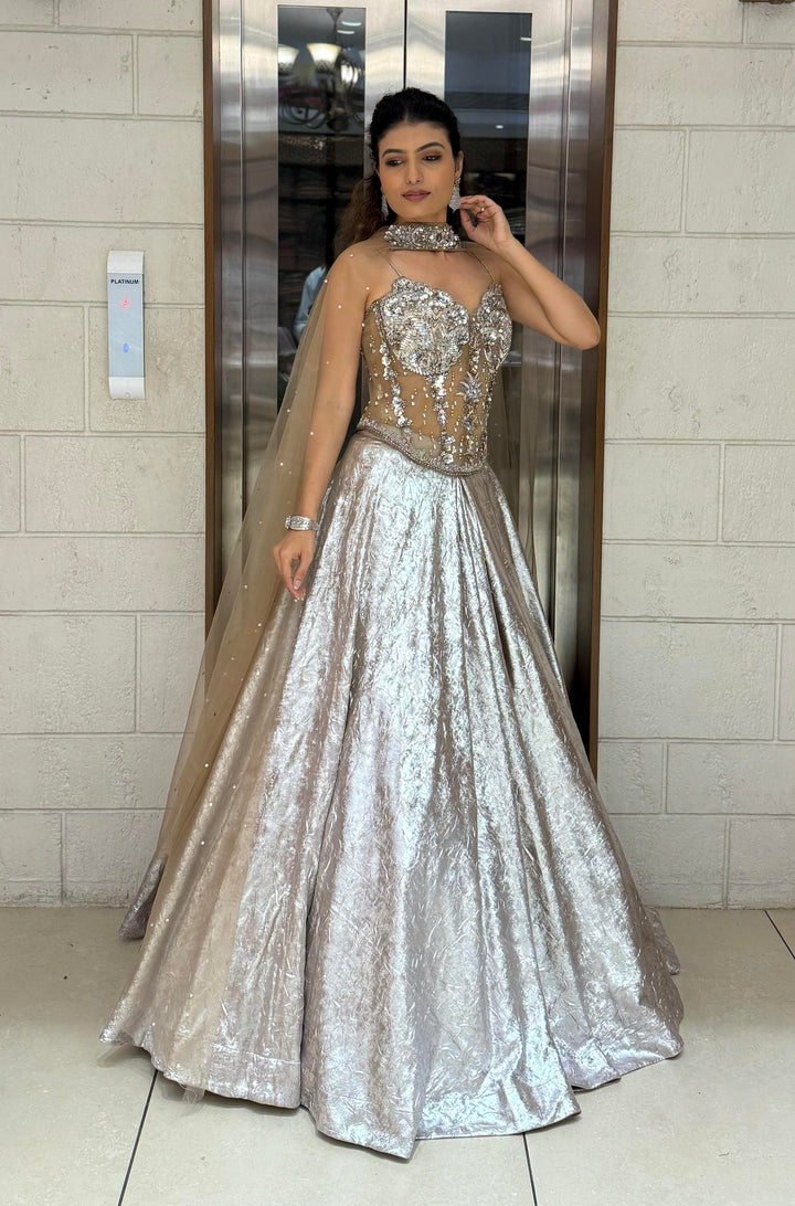 Metallic Silver Lehenga Choli with 3D Crystal Corset & Sheer Cape Dupatta