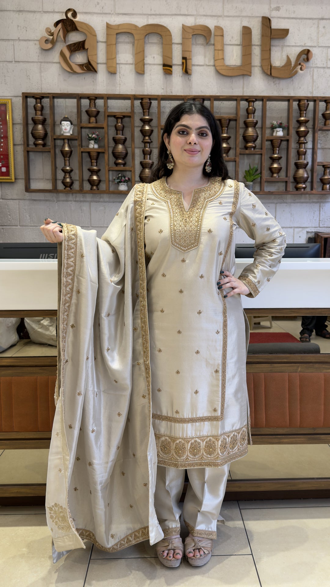 Ivory Embroidered Straight Kurta Pant Set with Designer Dupatta