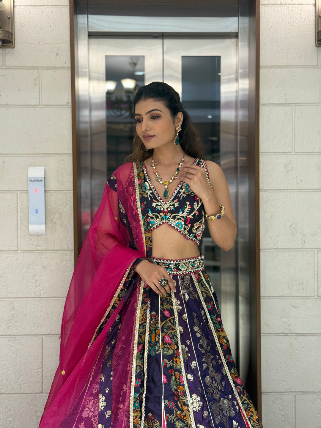 Navy Blue & Rani Pink Banarasi Panelled Lehenga with Hand-Embroidered Blouse