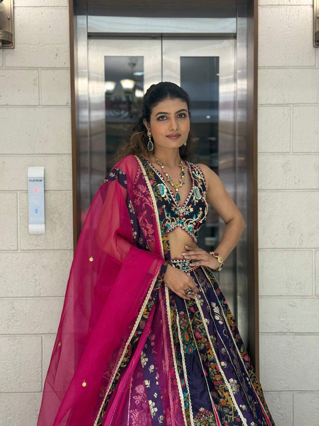 Navy Blue & Rani Pink Banarasi Panelled Lehenga with Hand-Embroidered Blouse