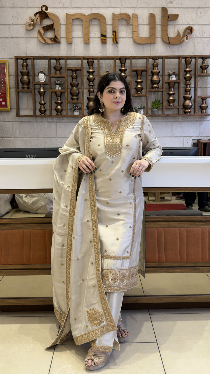 Ivory Embroidered Straight Kurta Pant Set with Designer Dupatta