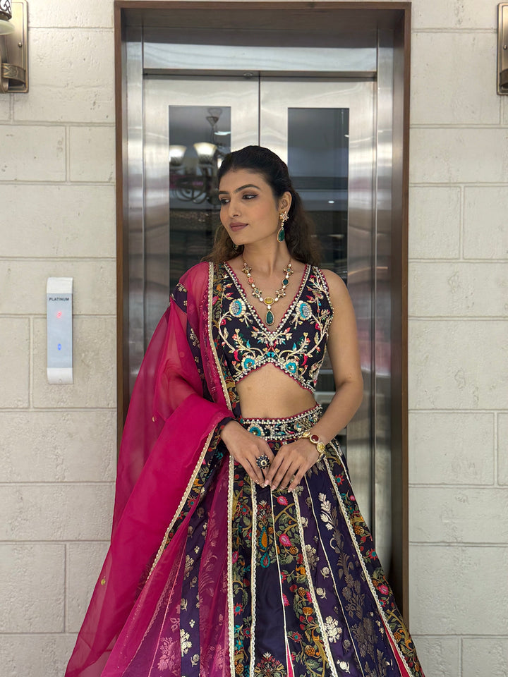 Navy Blue & Rani Pink Banarasi Panelled Lehenga with Hand-Embroidered Blouse