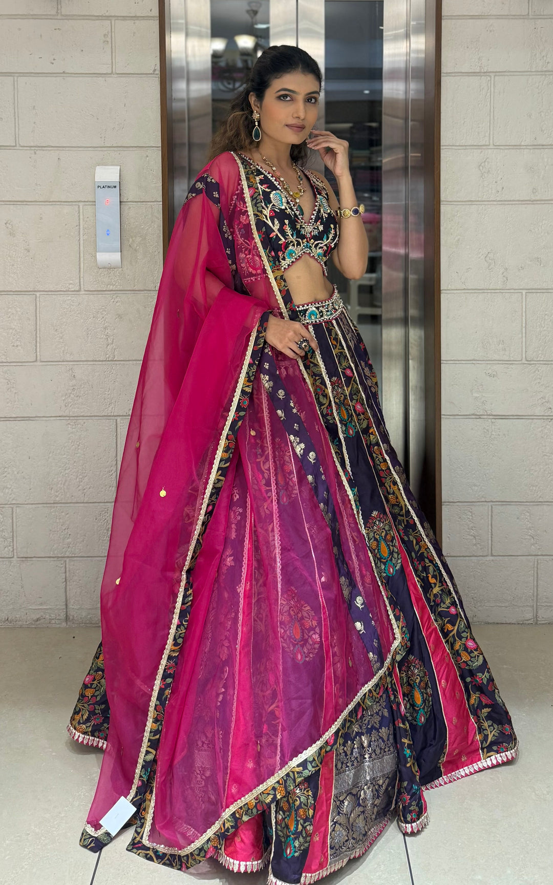 Navy Blue & Rani Pink Banarasi Panelled Lehenga with Hand-Embroidered Blouse