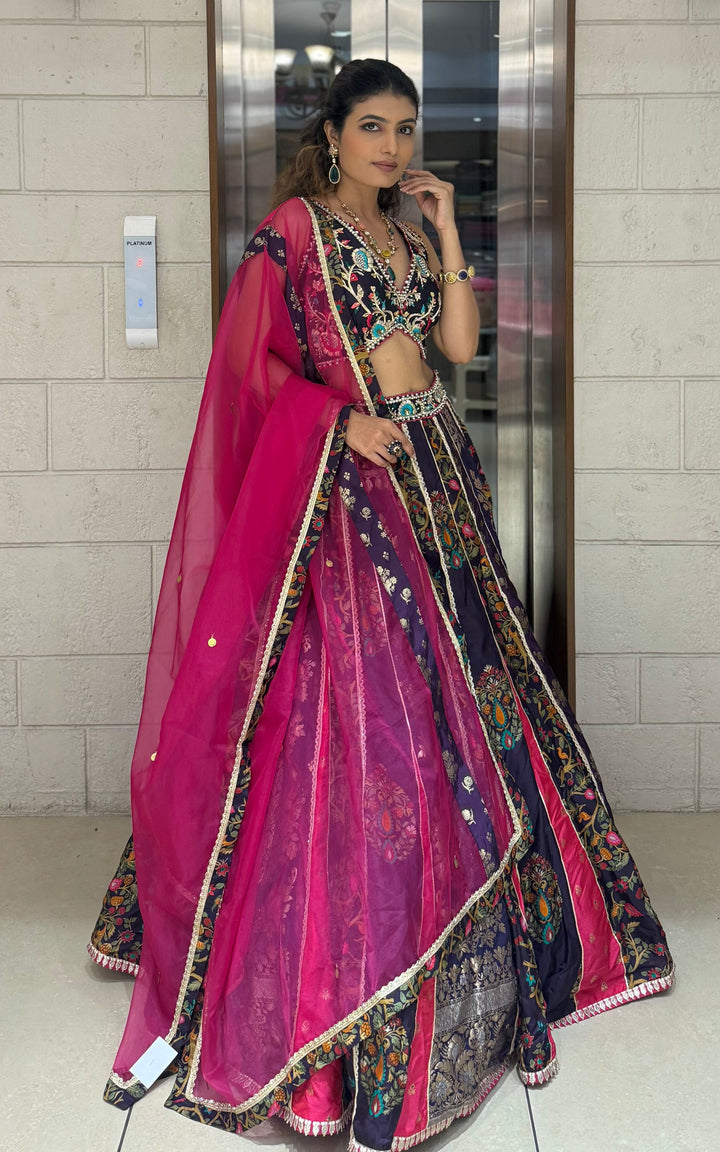 Navy Blue & Rani Pink Banarasi Panelled Lehenga with Hand-Embroidered Blouse