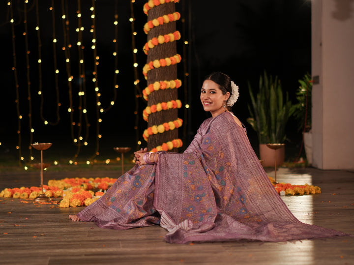 Lavender and Gold PV Cotton Khadi Saree with Floral Prints and Unstitched Blouse