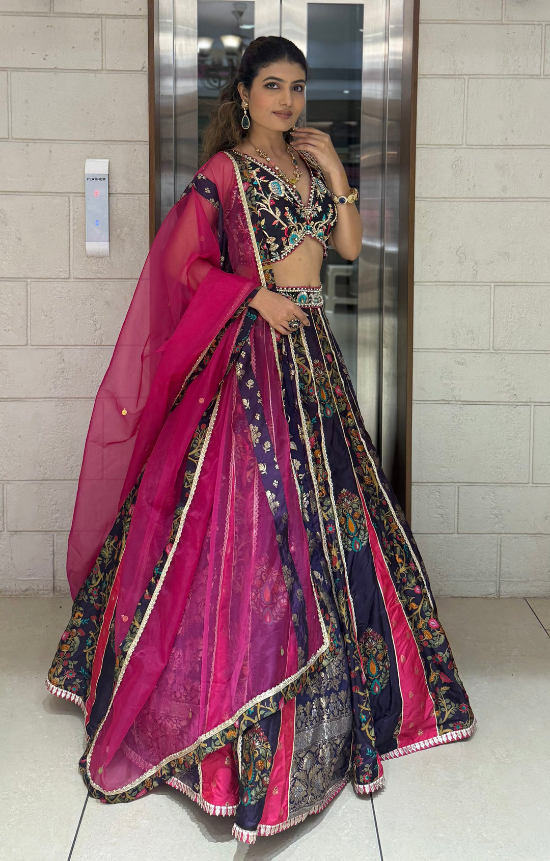 Navy Blue & Rani Pink Banarasi Panelled Lehenga with Hand-Embroidered Blouse