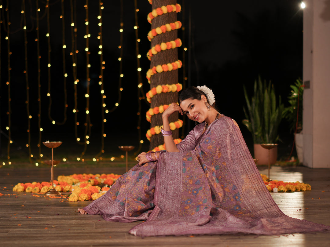 Purple PV Cotton Khadi Saree with Intricate Floral Motifs and Unstitched Blouse