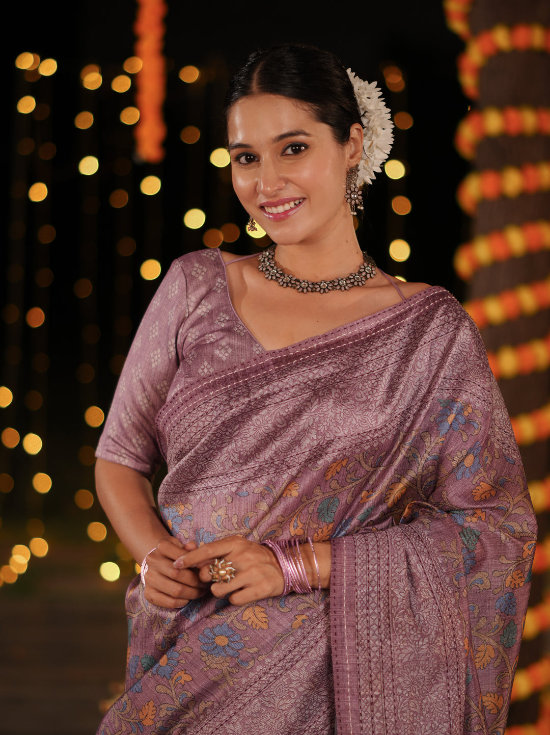 Purple PV Cotton Khadi Saree with Intricate Floral Motifs and Unstitched Blouse