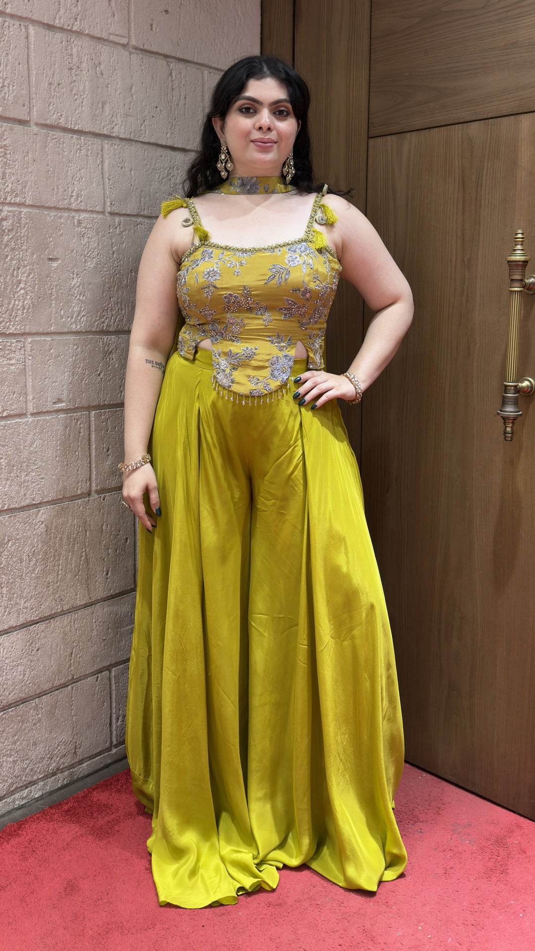 Lime Green Embroidered Corset Top with Flared Palazzo Set & Choker