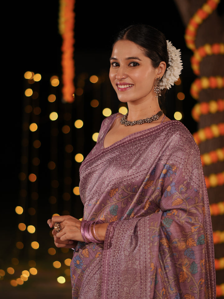 Lavender and Gold PV Cotton Khadi Saree with Floral Prints and Unstitched Blouse