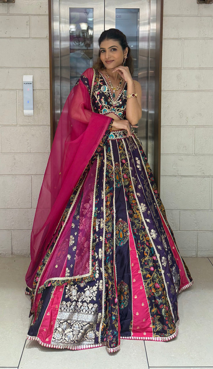 Navy Blue & Rani Pink Banarasi Panelled Lehenga with Hand-Embroidered Blouse