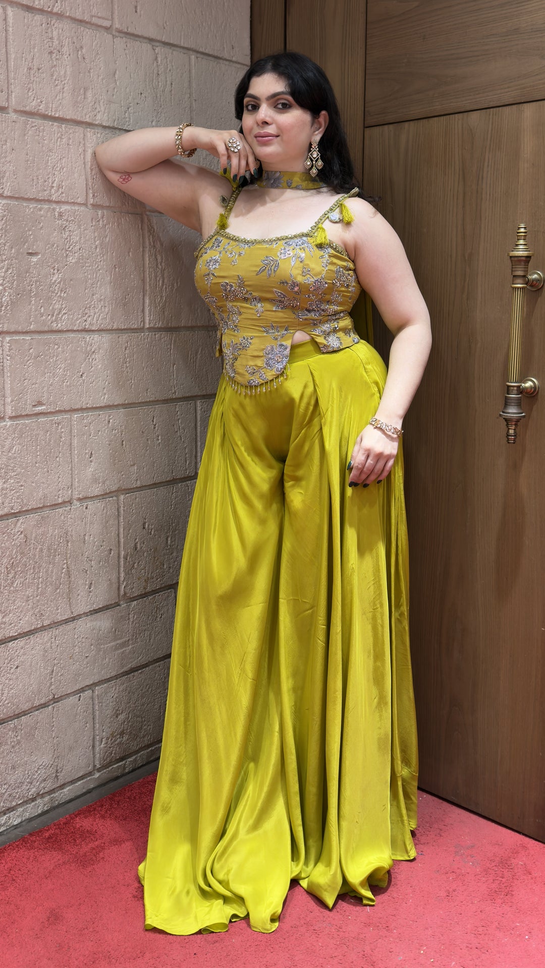 Lime Green Embroidered Corset Top with Flared Palazzo Set & Choker