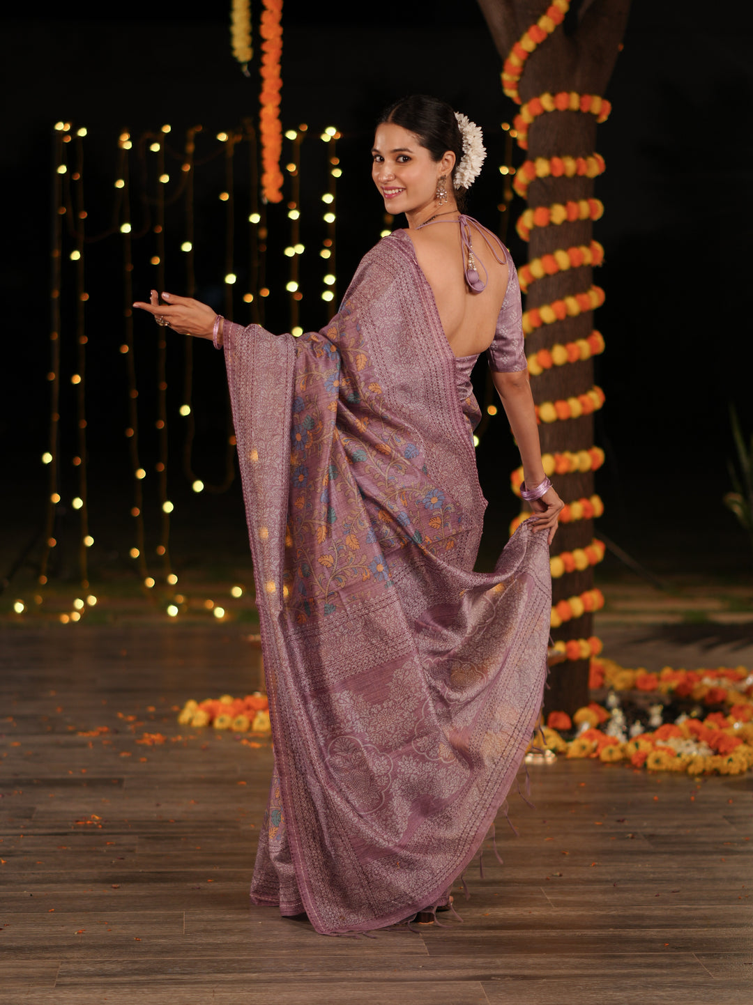 Purple PV Cotton Khadi Saree with Intricate Floral Motifs and Unstitched Blouse